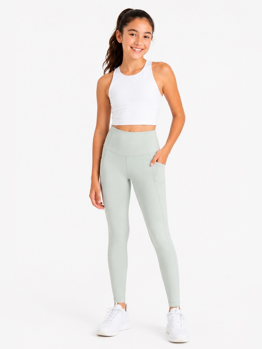 Girl High Rise Stash Your Treasures Leggings XL 14 Sage Green Side Pocket